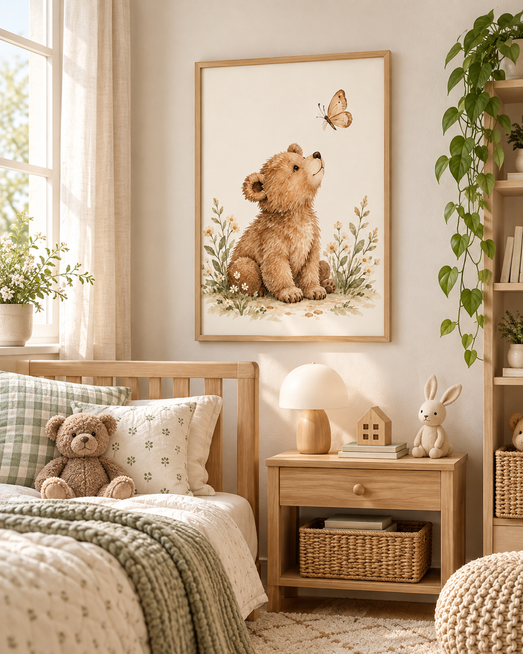 Watercolour teddy bear with paws resting down, looking up at a butterfly among daisies and soft foliage styled in a nursery