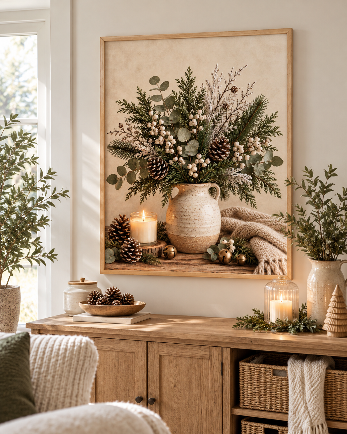 Winter botanical still life with evergreen foliage, eucalyptus, white berries and pine cones in a rustic jug, candle, brass bells and knitted blanket styled in a living room