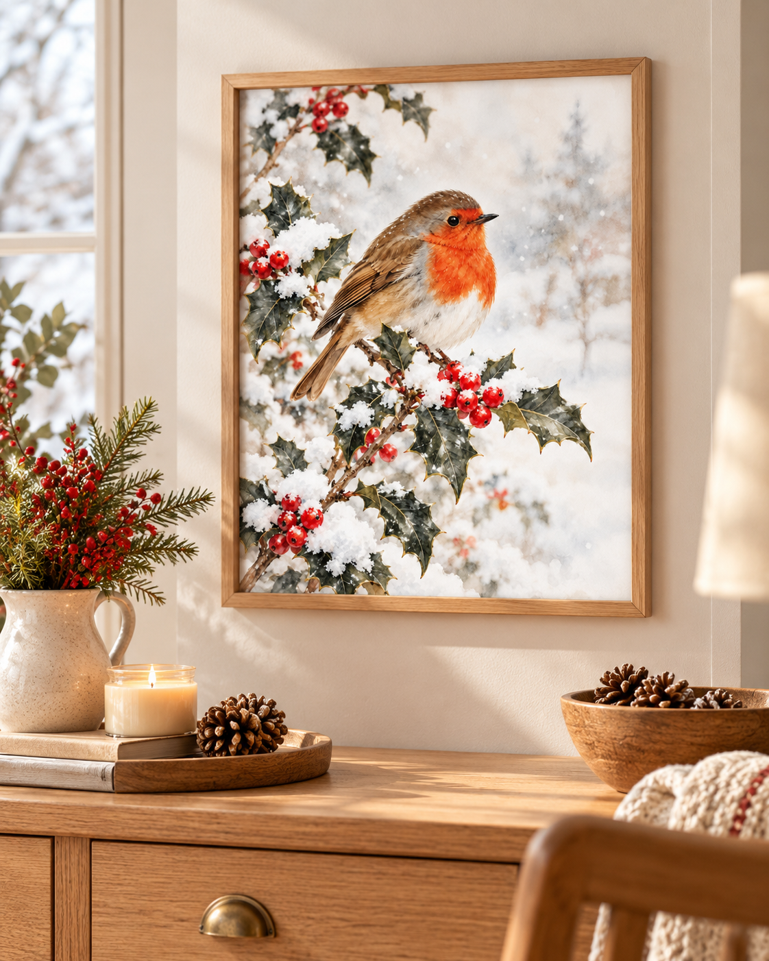 Winter robin perched on snowy holly branches with red berries and a softly painted winter background styled in a dining room