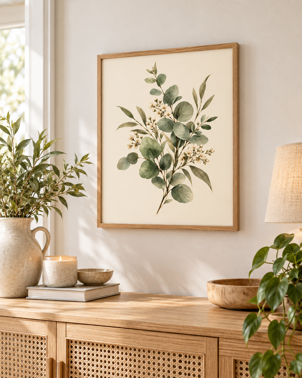Sage green eucalyptus and delicate white blossom botanical watercolour against a warm cream background styled in a sideboard