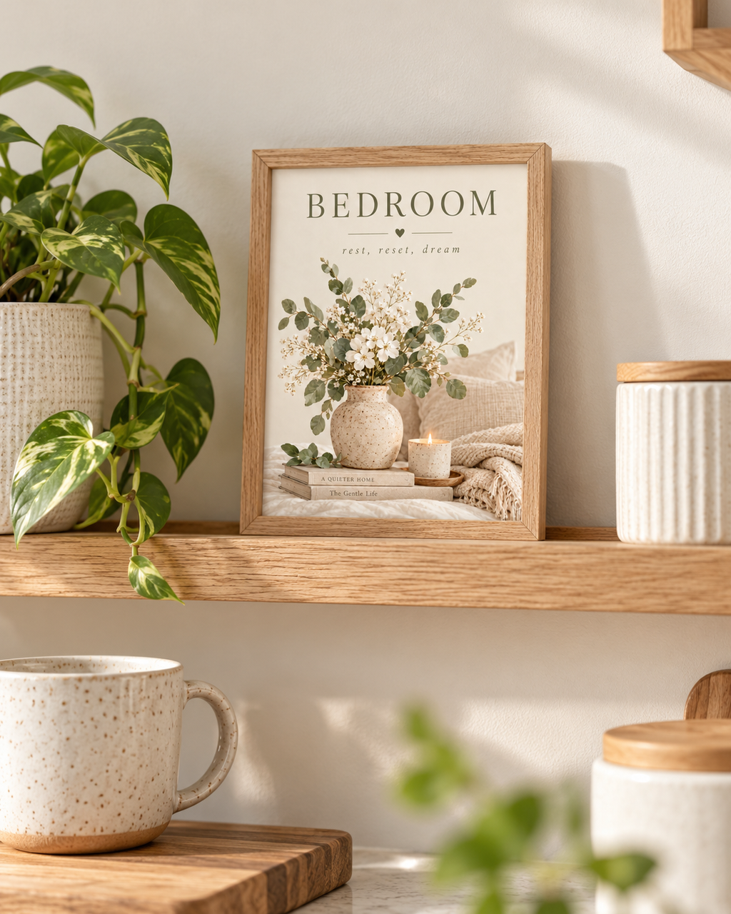 Bedroom rest reset dream quote with white flowers, sage foliage, ceramic vase, candle, books and soft neutral bedding styled in a shelf display