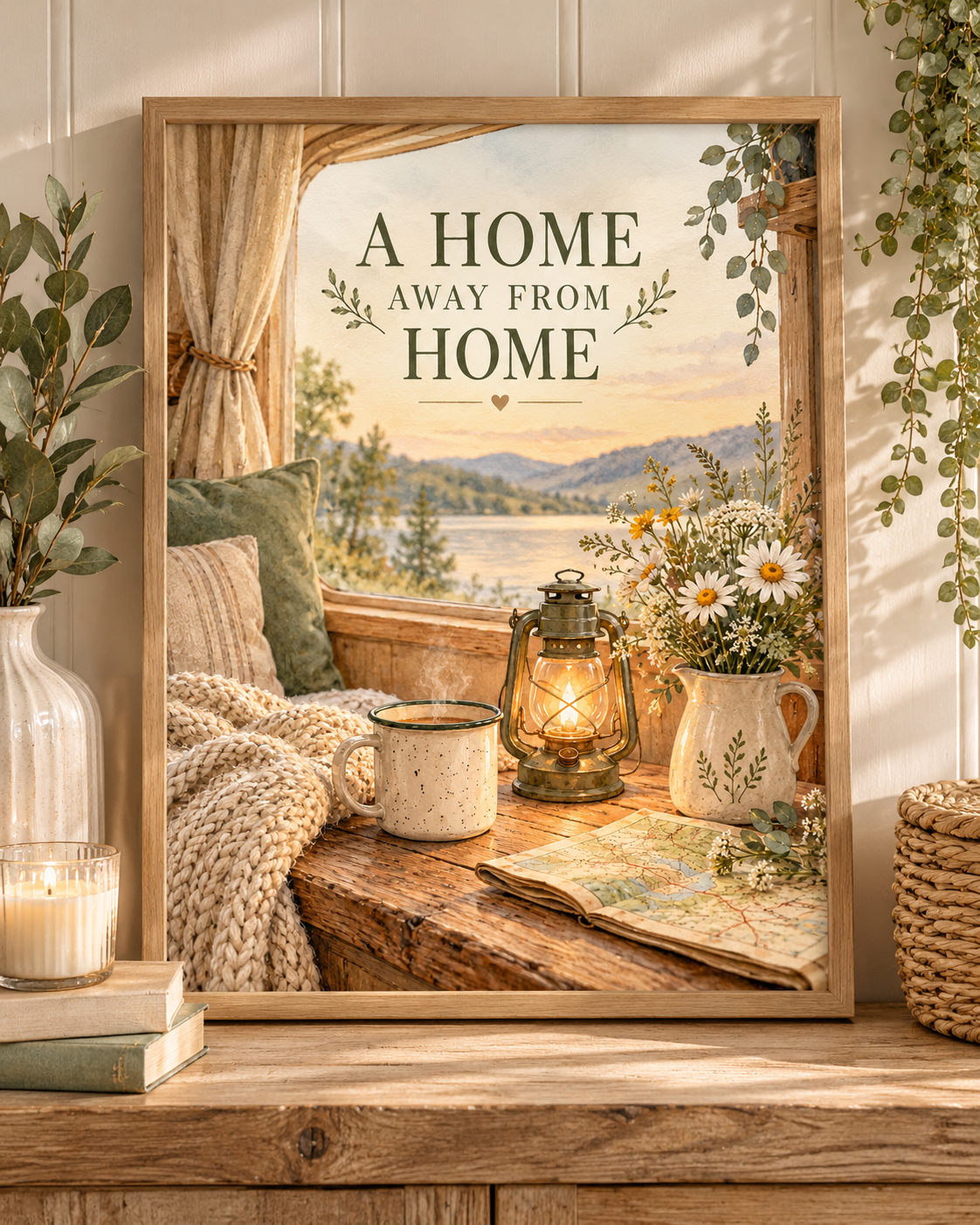 A Home Away From Home quote with lakeside view, lantern, mug, map, wildflowers and cosy blanket; print only, frame not included