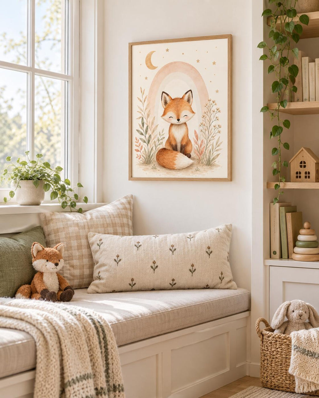 Fox Nursery Print, Watercolour Woodland Animal Art for Neutral Baby Room — lifestyle mockup 2