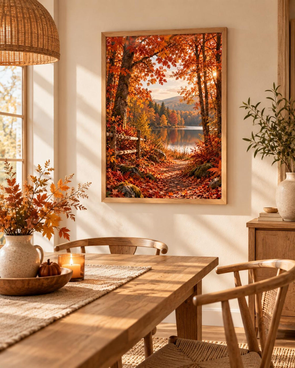 Framed autumn Forest Lake print lifestyle mockup 2