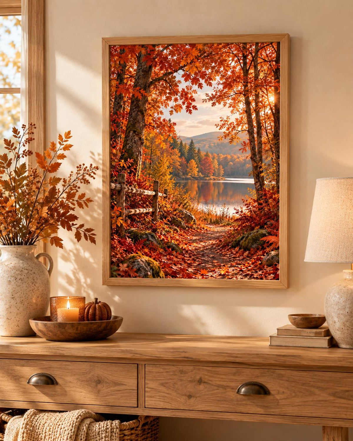 Framed autumn Forest Lake print lifestyle mockup 3
