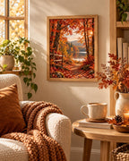 Framed autumn Forest Lake print lifestyle mockup 4