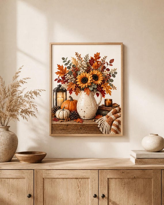 Framed autumn sunflower and pumpkin print lifestyle mockup 5