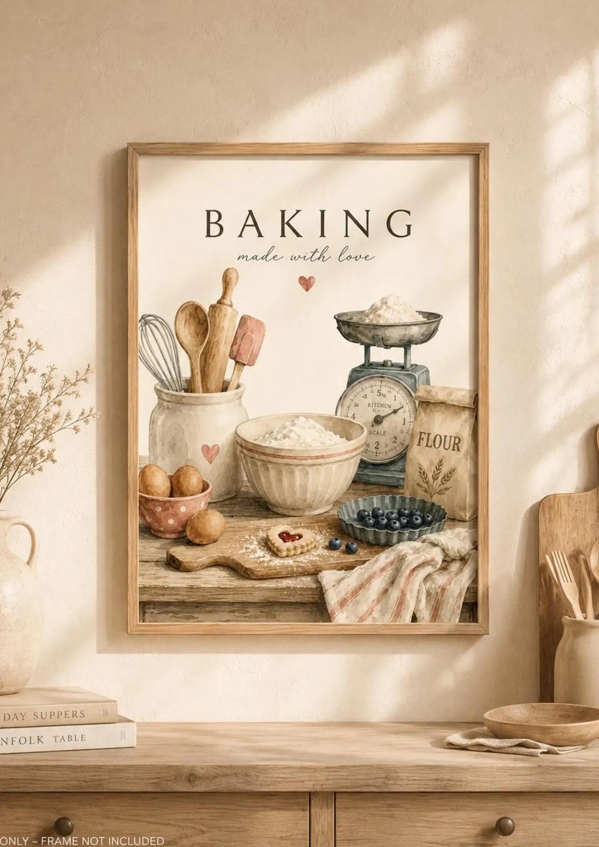 Framed vintage baking wall art neutral kitchen mockup