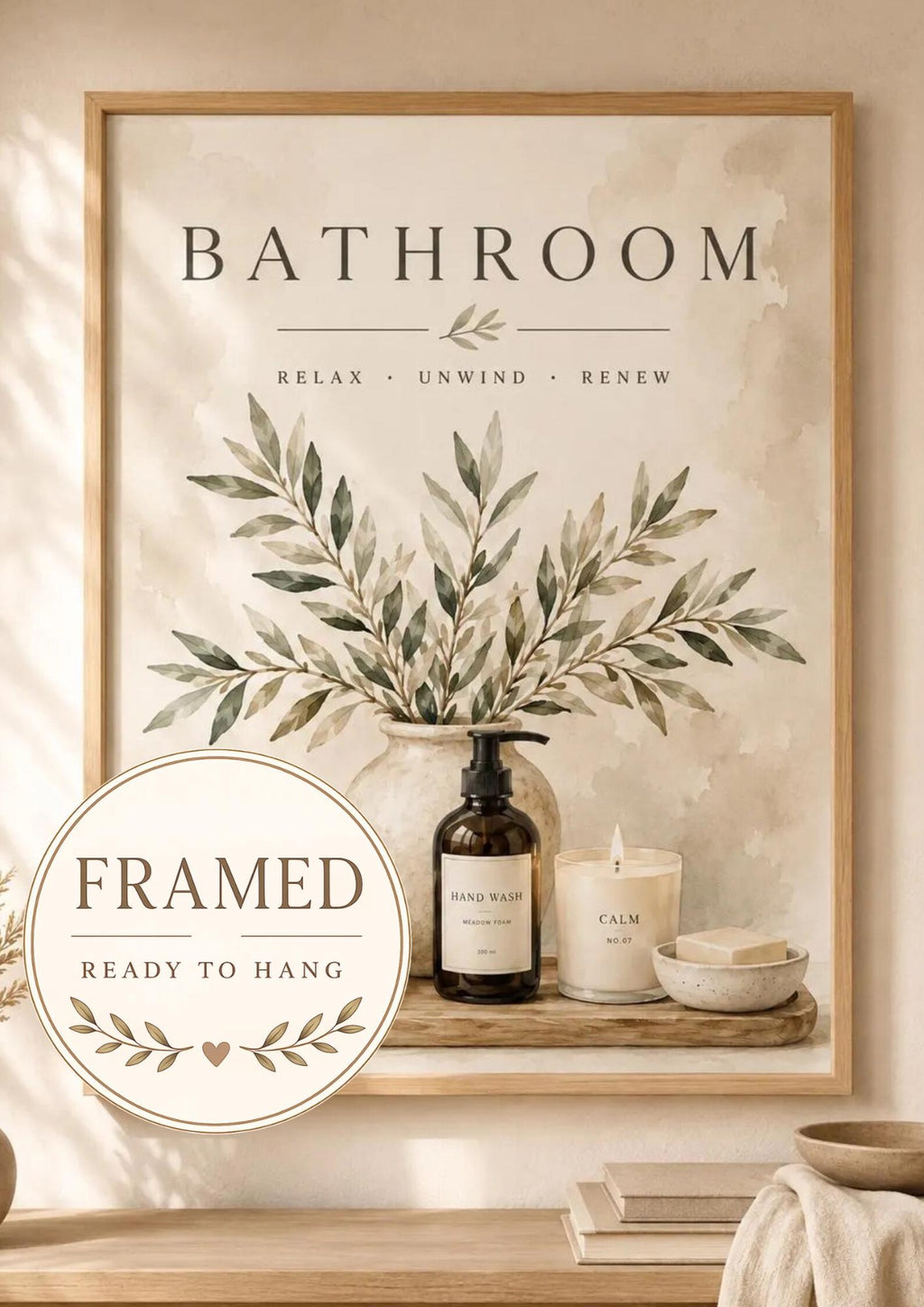 Framed neutral botanical bathroom print front image