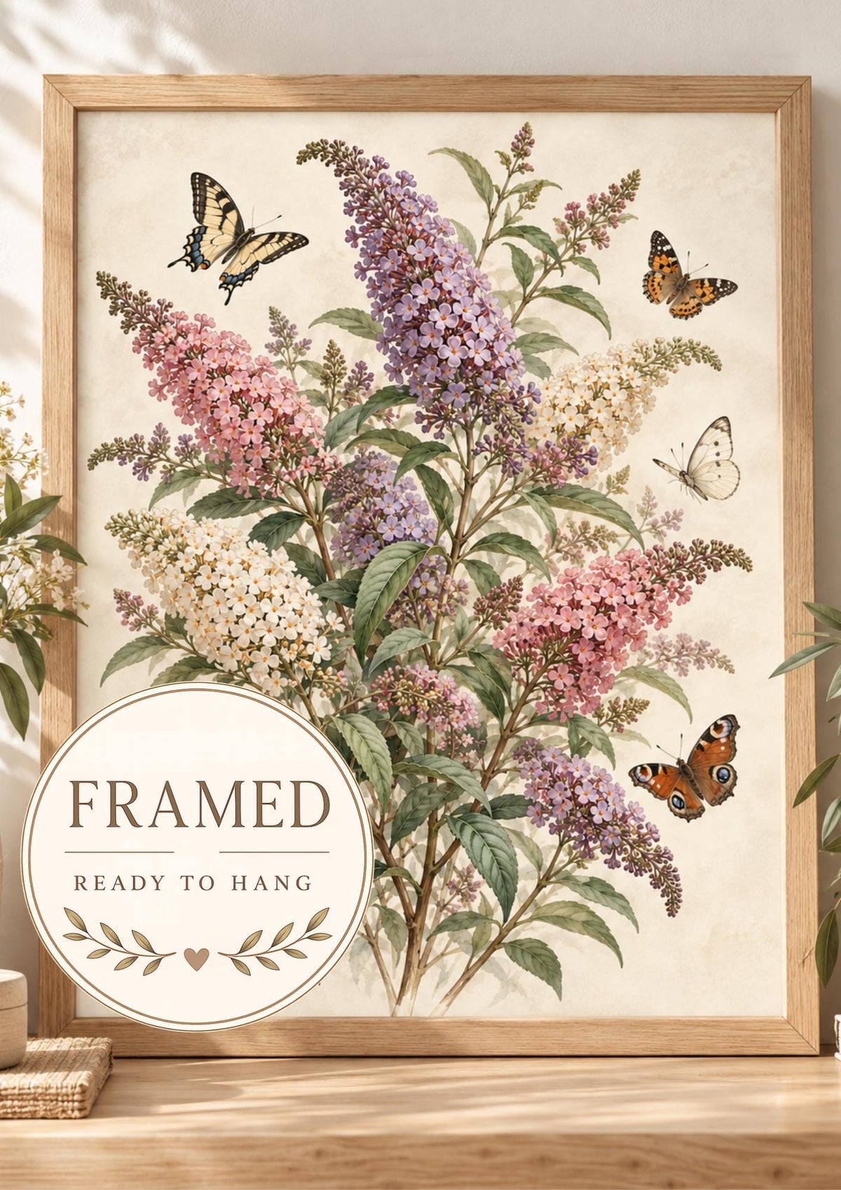 Framed butterfly bush botanical artwork front image — framed and ready to hang