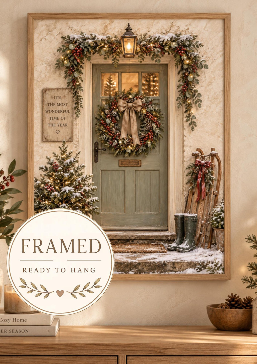Framed Christmas Door snowy cottage wall art front image