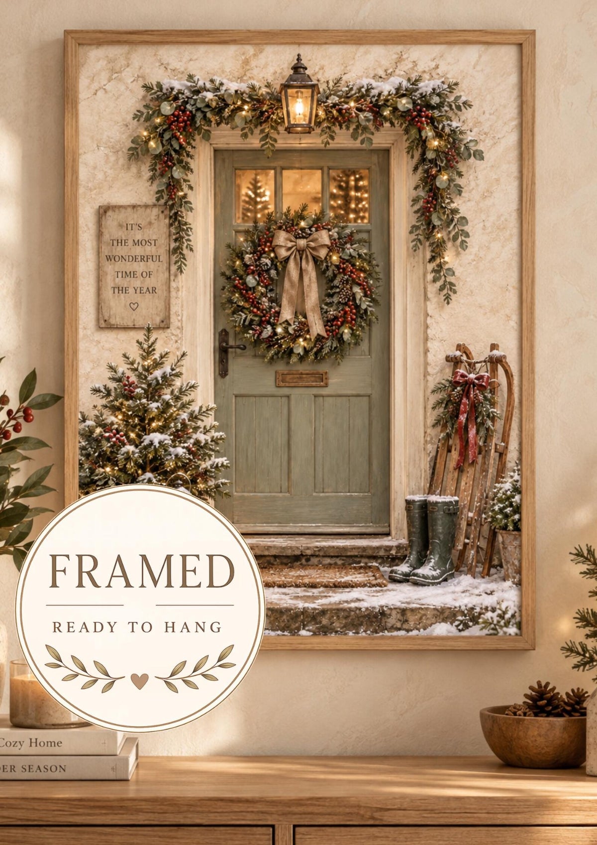Framed Christmas Door snowy cottage wall art front image