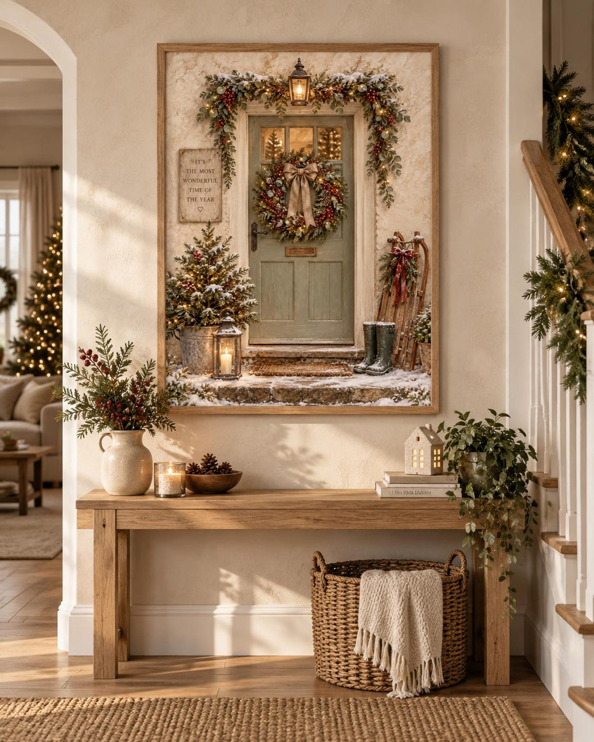 Framed Christmas Door snowy cottage festive room mockup