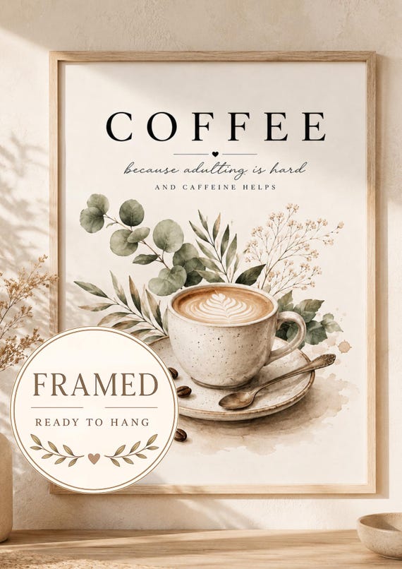 Framed neutral coffee wall art with illustrated latte and botanical details