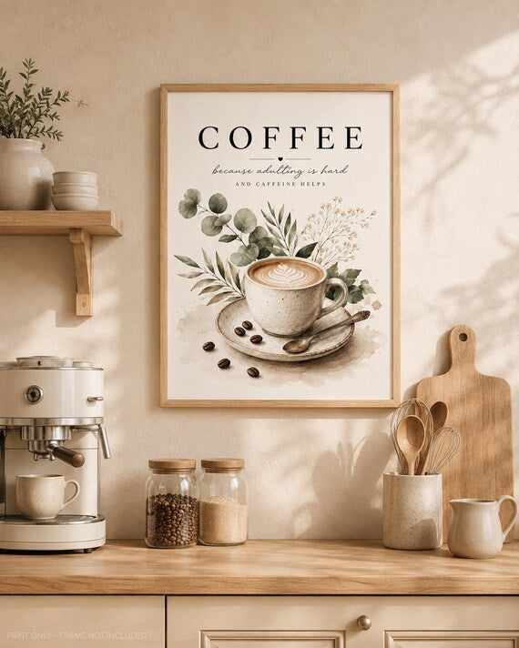 Framed coffee wall art styled in a warm neutral kitchen