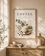 Framed neutral coffee artwork in a cosy Scandinavian-style interior