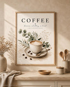 Small framed coffee wall art styled on a neutral shelf