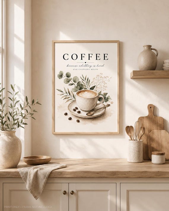 Framed coffee lover artwork in a warm minimalist home setting