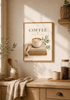 Framed coffee wall art in a warm neutral kitchen interior