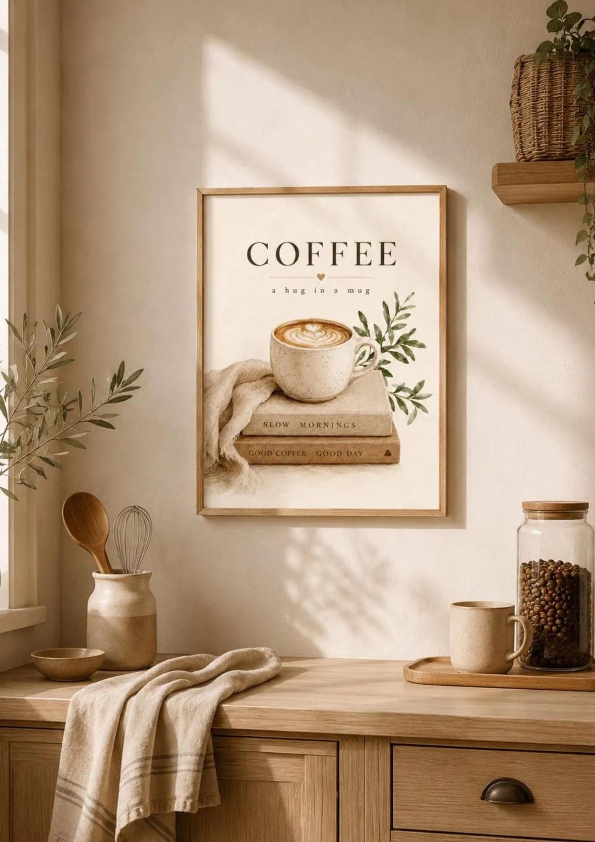 Framed coffee wall art in a warm neutral kitchen interior