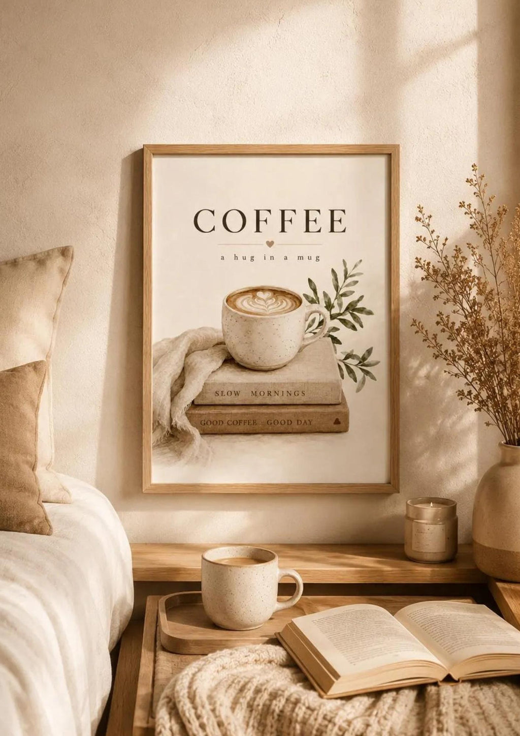 Framed coffee bar artwork styled in a cosy neutral home