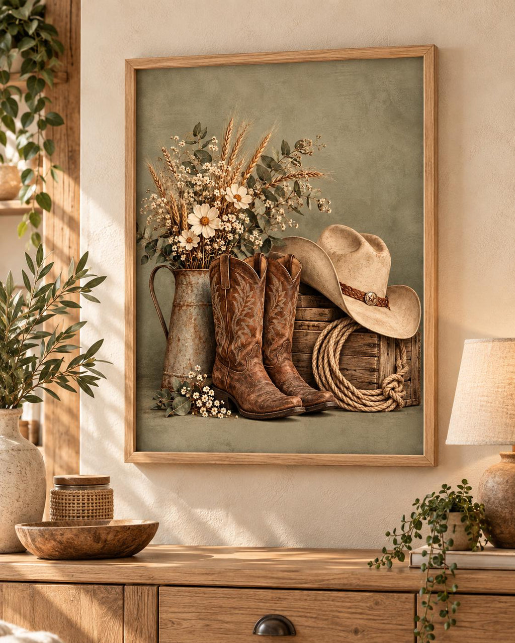 Framed cowboy boots print with cream hat, wildflowers and rustic wooden crate — lifestyle view