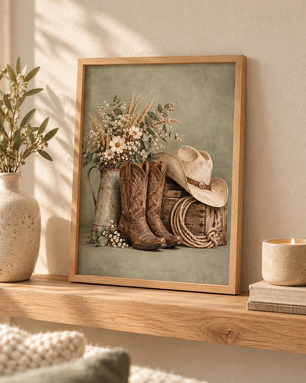 Framed cowboy boots print with cream hat, wildflowers and rustic wooden crate — lifestyle view