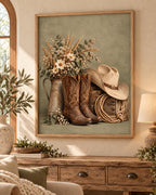 Framed cowboy boots print with cream hat, wildflowers and rustic wooden crate — lifestyle view