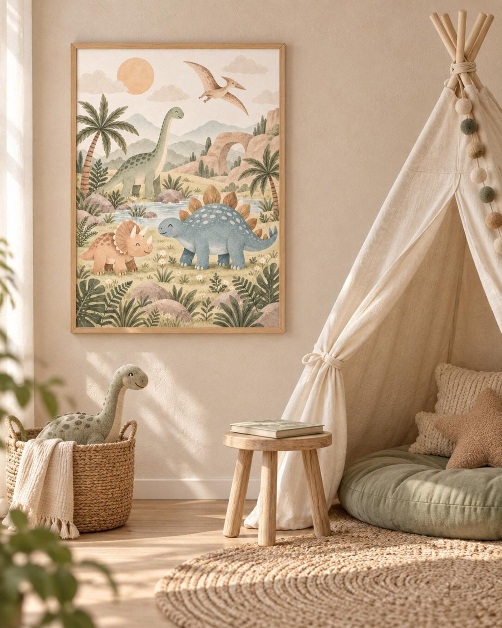 Framed dinosaur nursery print lifestyle mockup 1