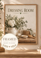 Framed Dressing Room Print, Sage Green Floral Vanity Artwork — front image