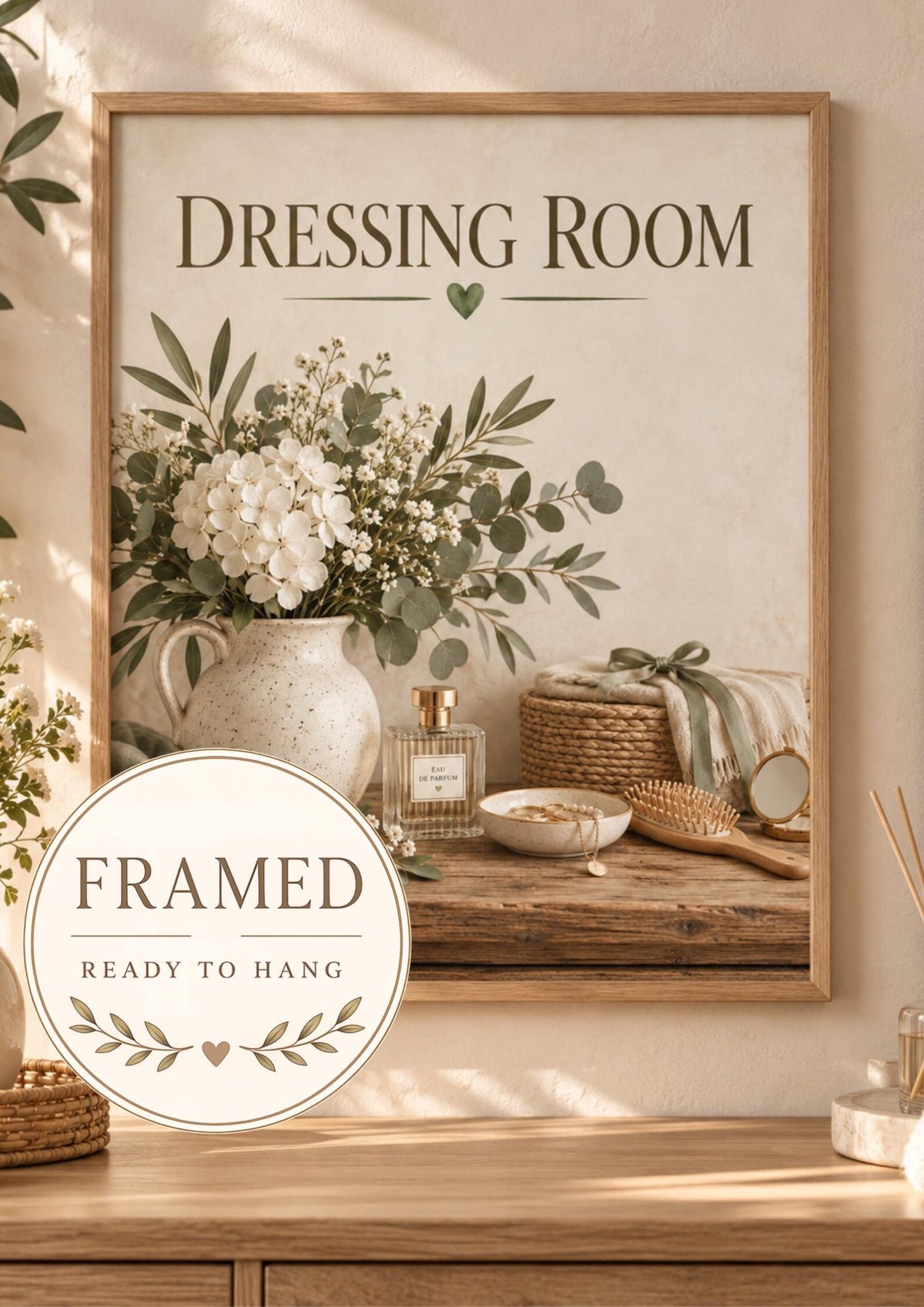 Framed Dressing Room Print, Sage Green Floral Vanity Artwork — front image
