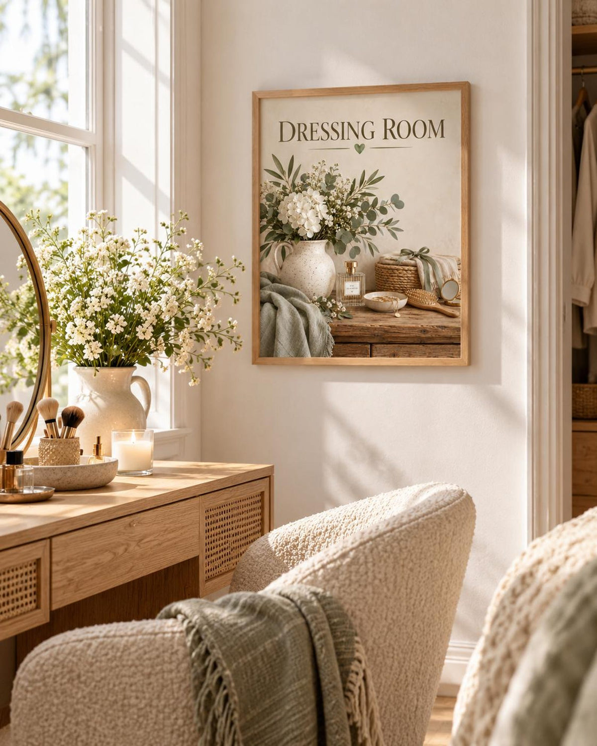 Framed Dressing Room Print, Sage Green Floral Vanity Artwork — lifestyle mockup 2