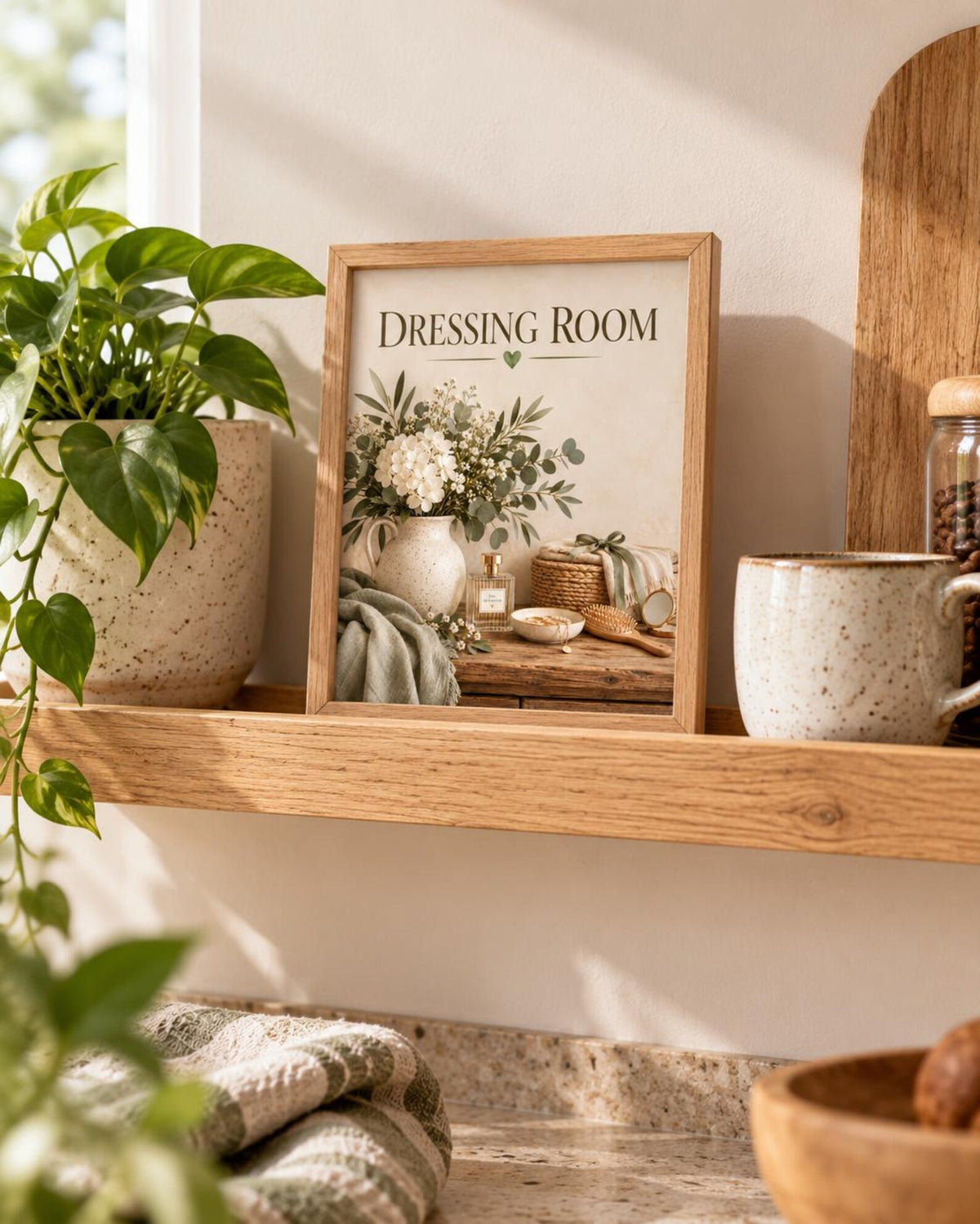 Framed Dressing Room Print, Sage Green Floral Vanity Artwork — lifestyle mockup 4