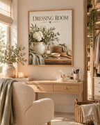 Framed Dressing Room Print, Sage Green Floral Vanity Artwork — lifestyle mockup 5