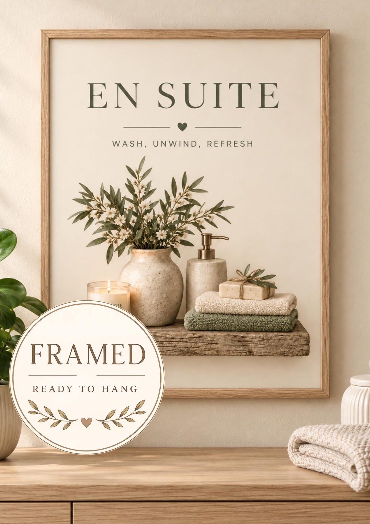 Framed En Suite bathroom print Wash Unwind Refresh front image