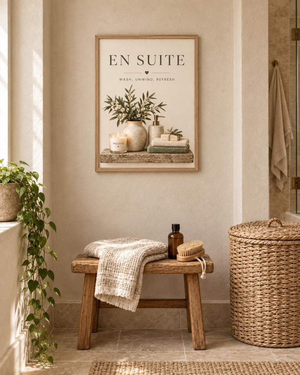 Framed En Suite wall art neutral bathroom mockup