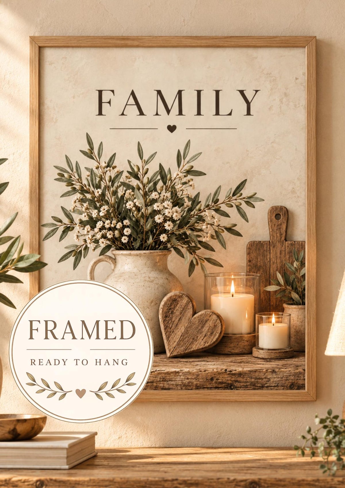 Framed family wall art print, rustic botanical farmhouse design