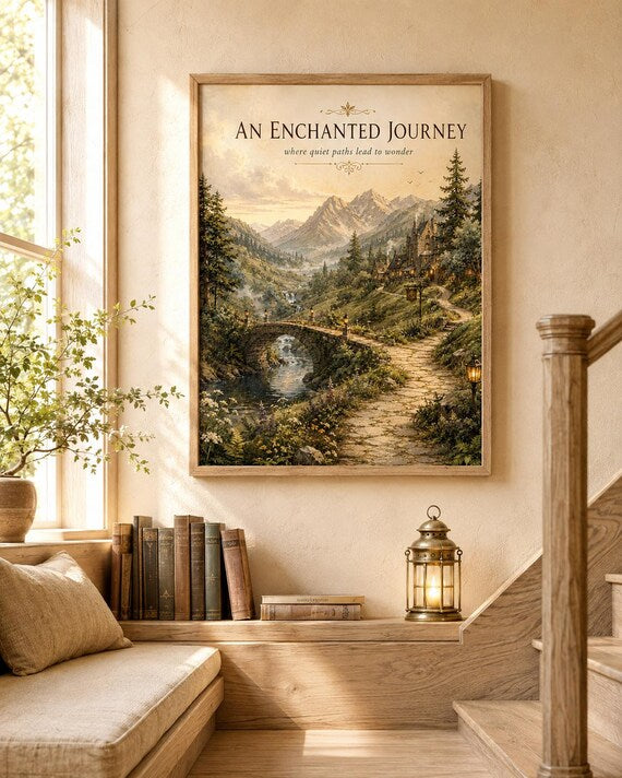 Framed enchanted mountain castle print in a cosy interior
