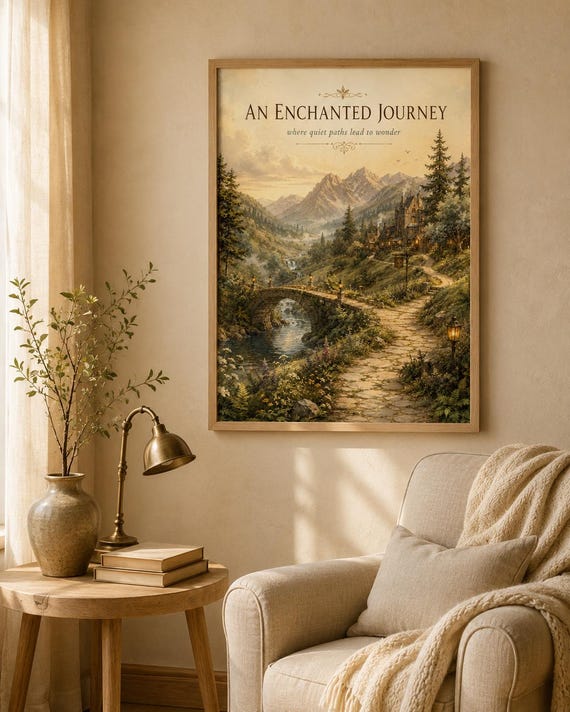 Framed vintage fantasy landscape styled in a reading nook
