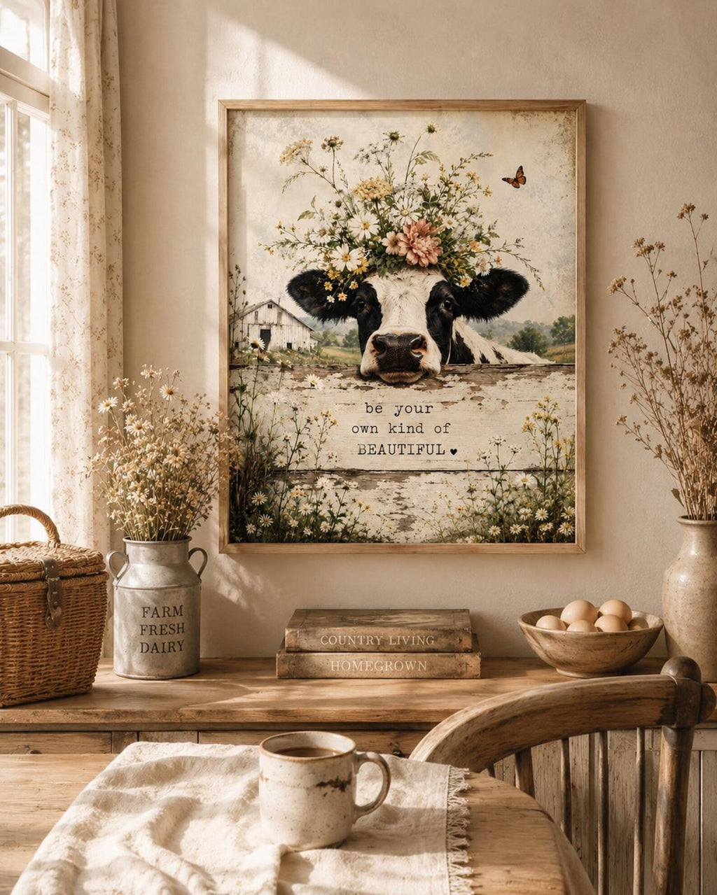 Framed cow print rustic kitchen lifestyle mockup