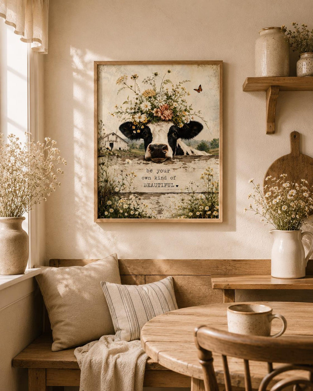 Framed floral cow wall art neutral living room mockup
