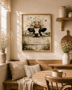 Framed floral cow wall art neutral living room mockup