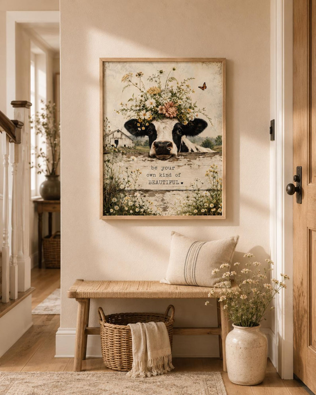 Framed cottagecore cow wall art dining room mockup