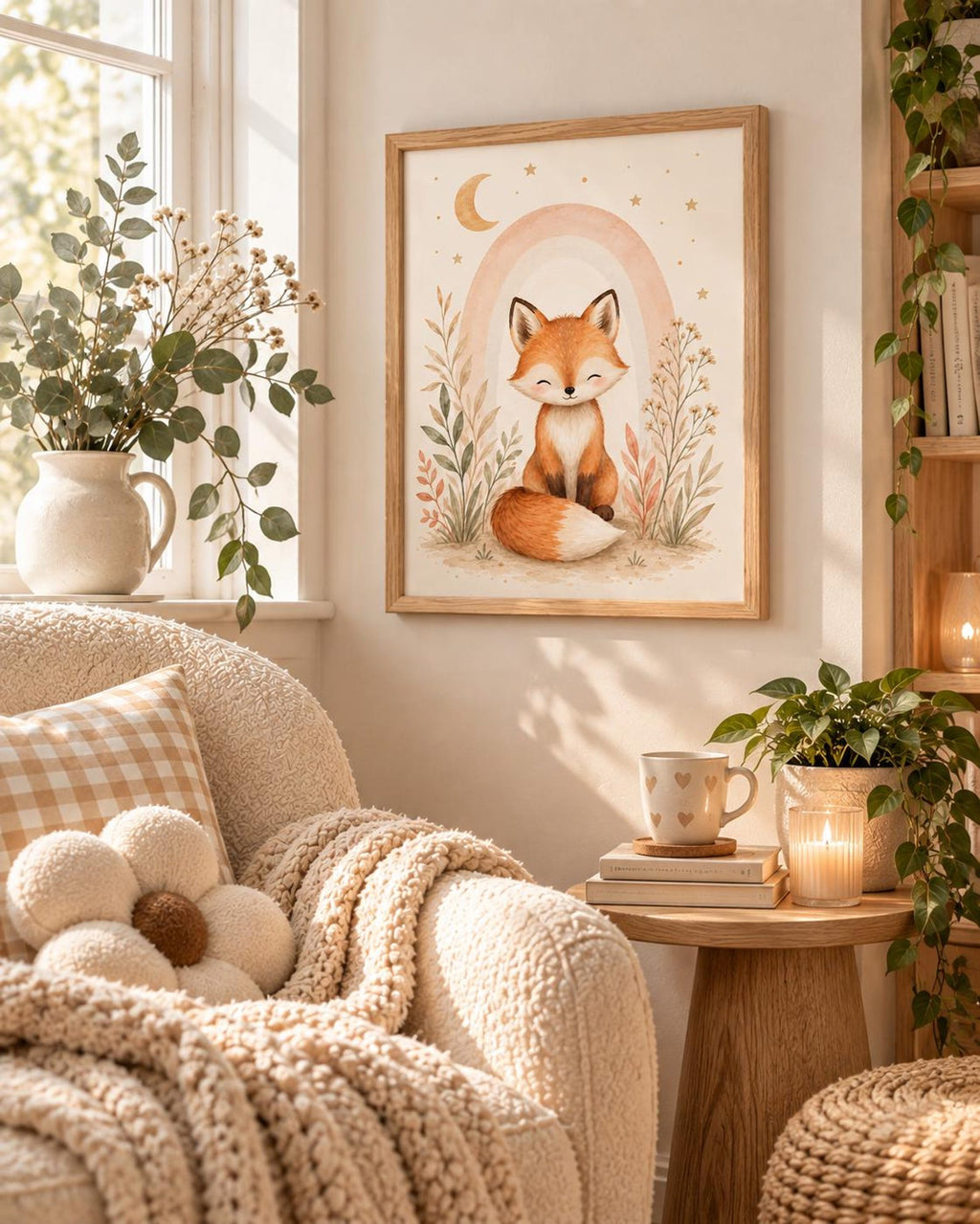 Framed Fox Nursery Print, Watercolour Woodland Art for Neutral Baby Room — lifestyle mockup 1