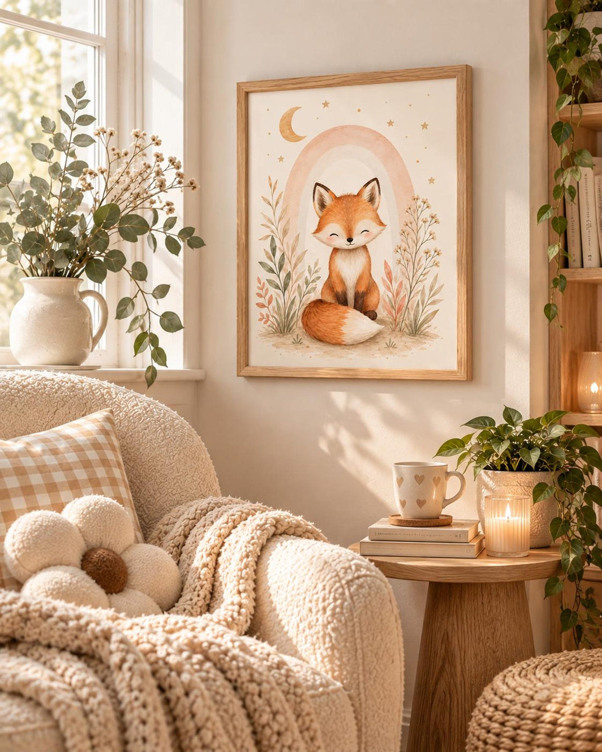 Framed Fox Nursery Print, Watercolour Woodland Art for Neutral Baby Room — lifestyle mockup 1