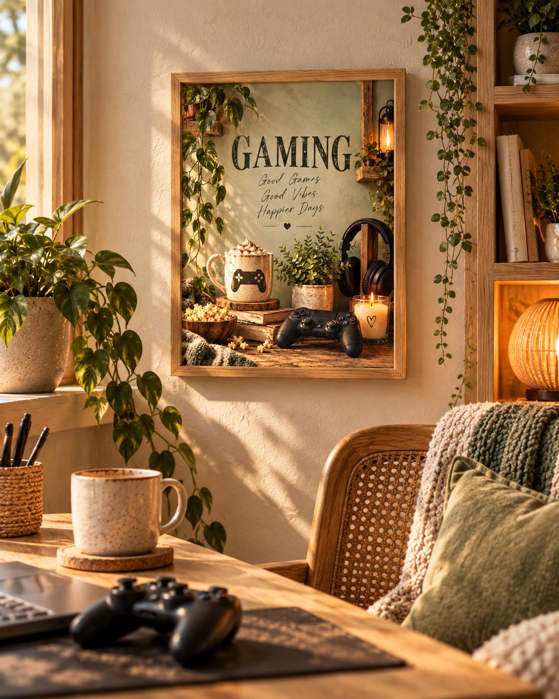Framed gaming room print with Good Games, Good Vibes, Happier Days quote in a cosy interior