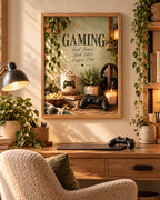 Framed gaming room print with Good Games, Good Vibes, Happier Days quote in a cosy interior