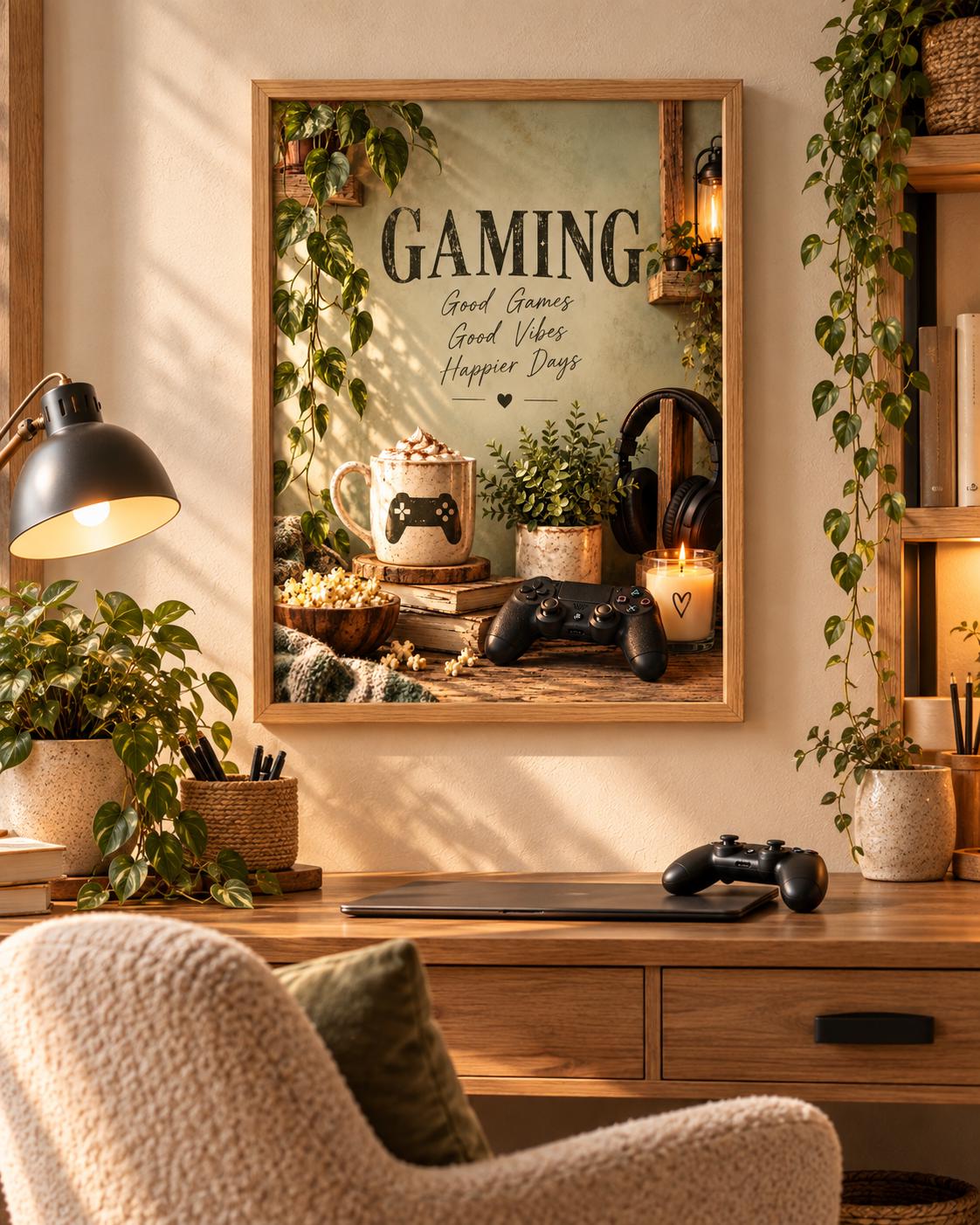 Framed gaming room print with Good Games, Good Vibes, Happier Days quote in a cosy interior