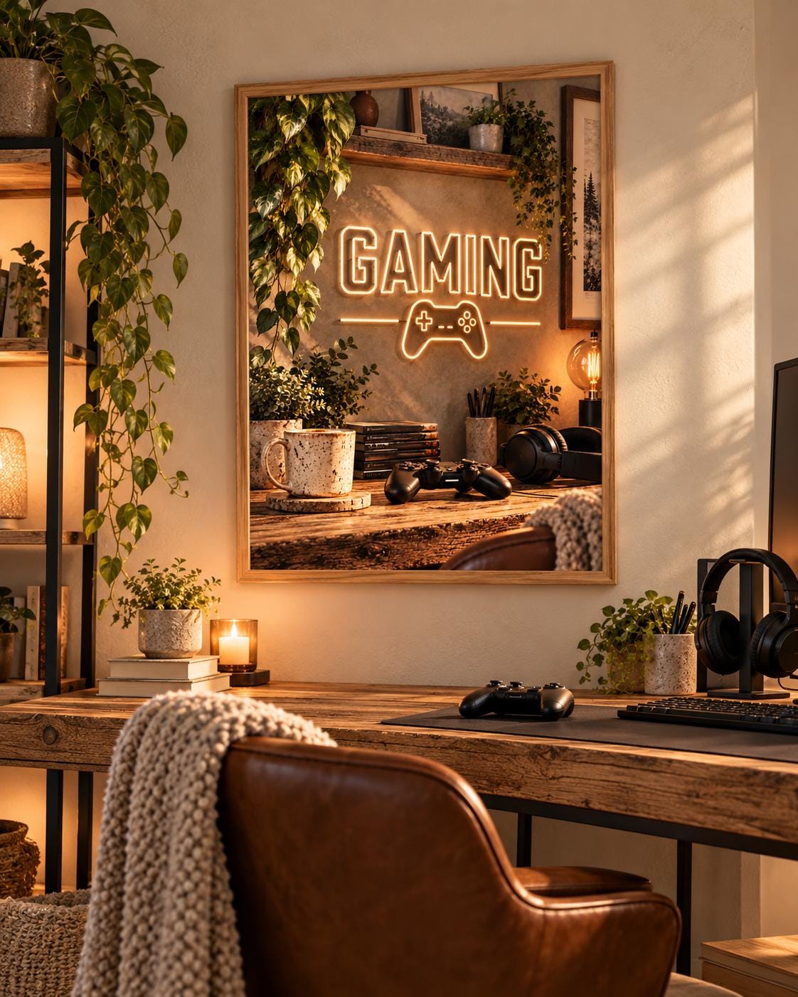 Framed gaming neon controller wall art lifestyle mockup 1