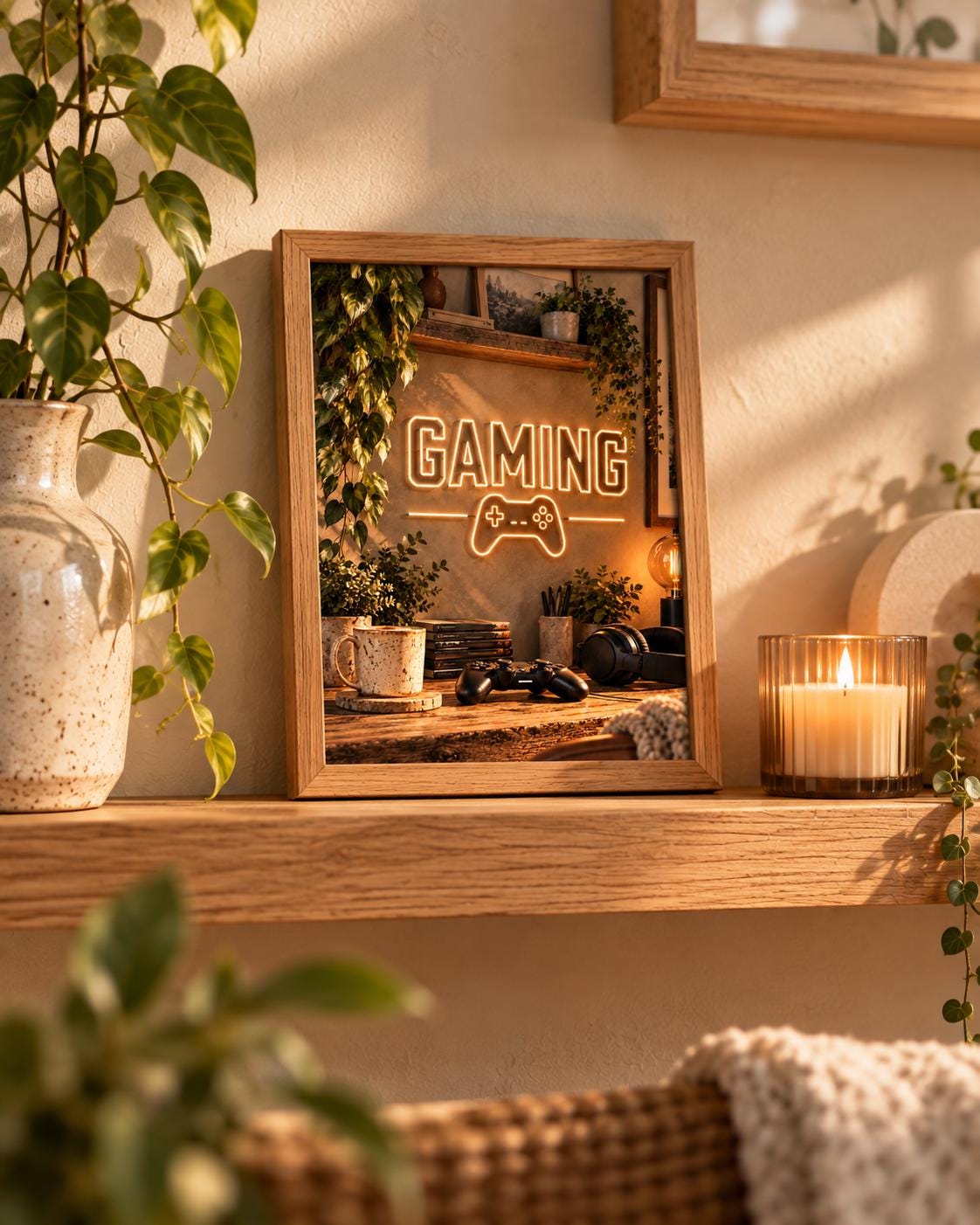 Framed gaming neon controller wall art lifestyle mockup 3